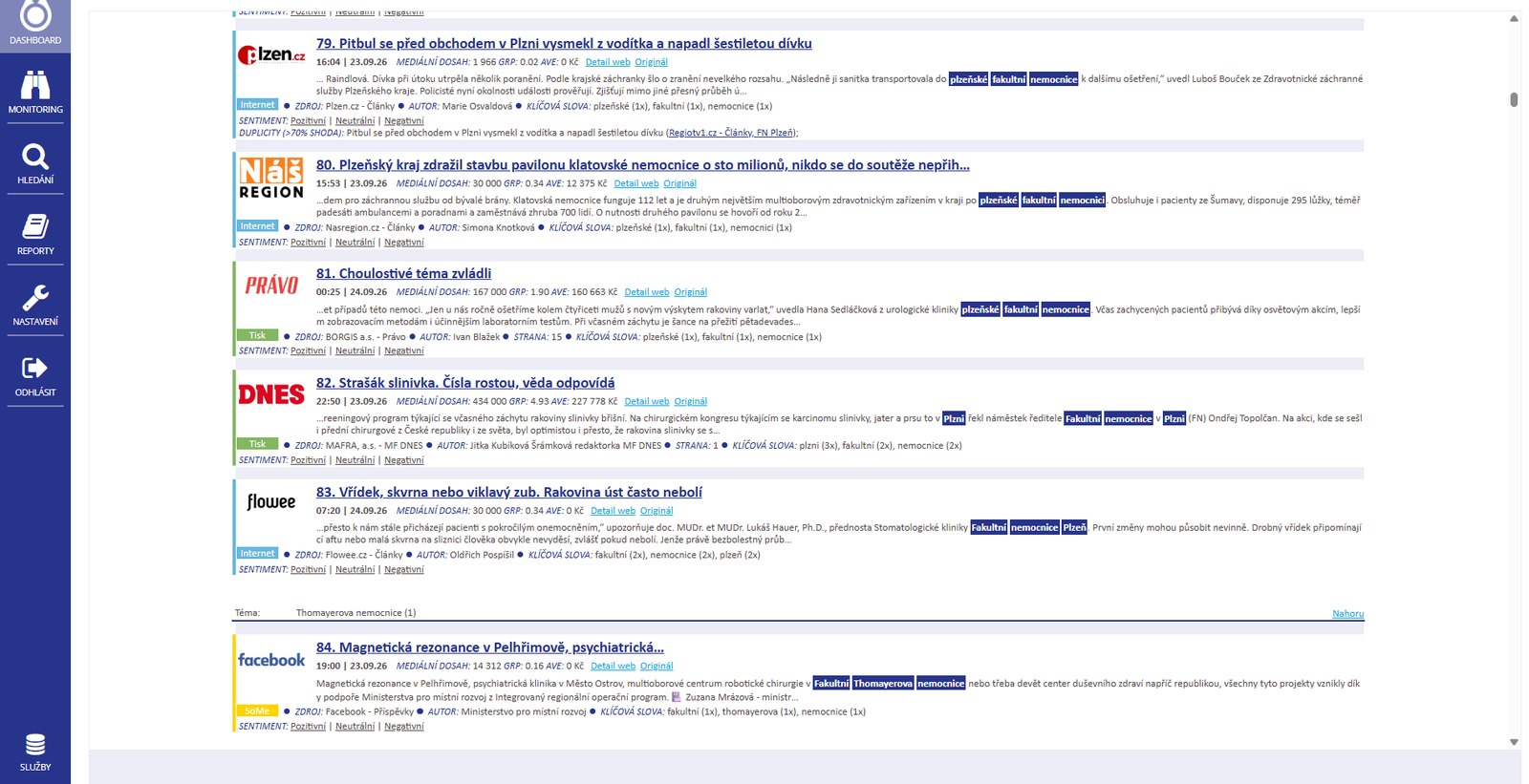 Skutečný feed výsledků monitoringu v aplikaci MAXIMUS