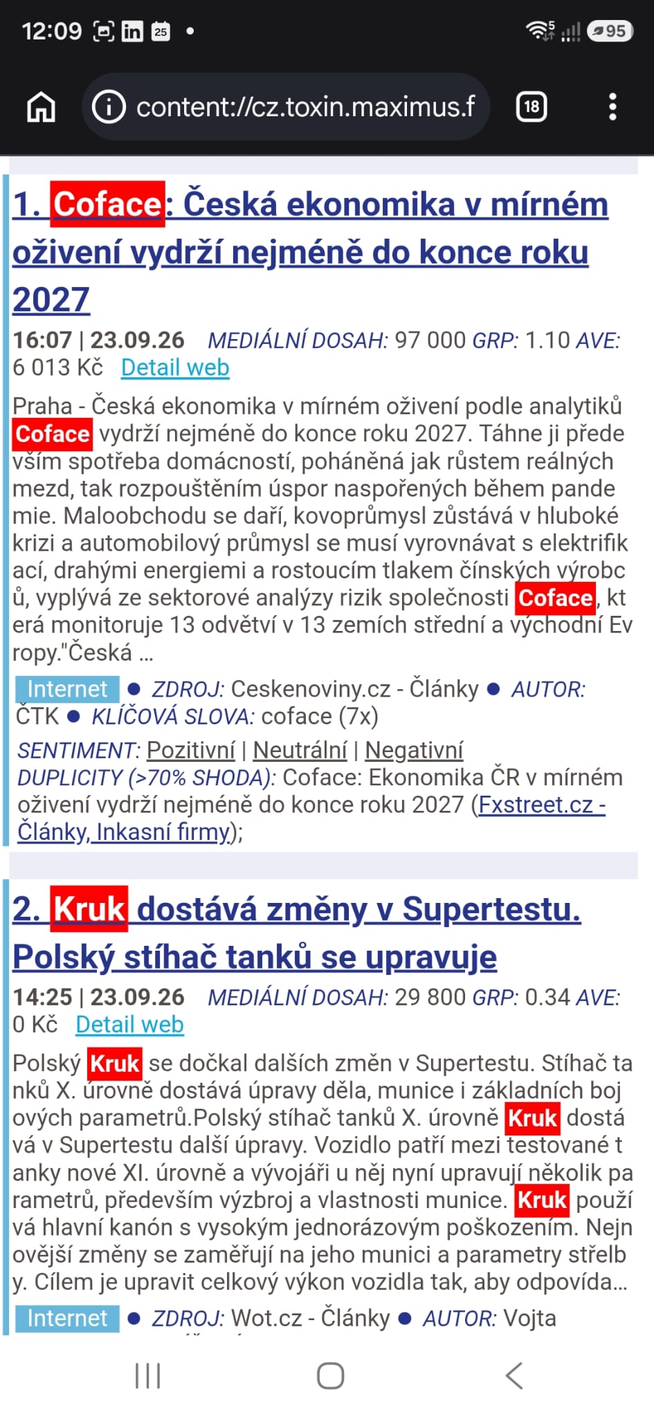 Detail výstupu v mobilní aplikaci MAXIMUS